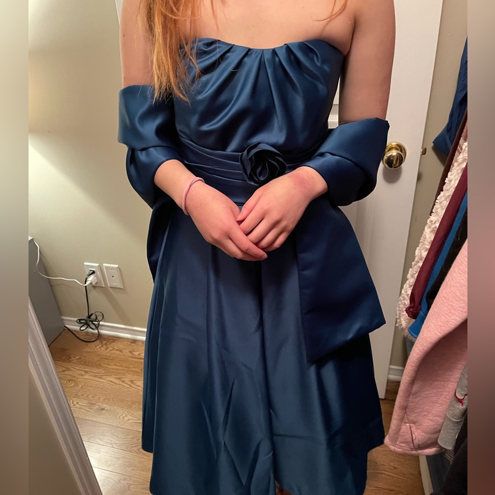 Mori Lee Teal Tea Length Cocktail Dress